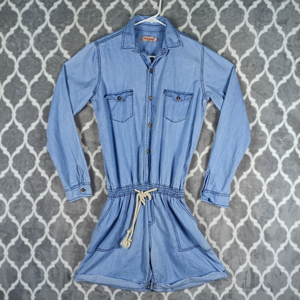 Judy Blue Romper Women Large Blue Chambray Denim Long Sleeve Pockets Drawstring - Picture 5 of 10